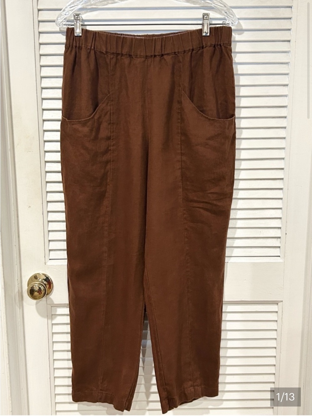 Quince European Linen Tapered Ankle Pant in Chocolate Size M